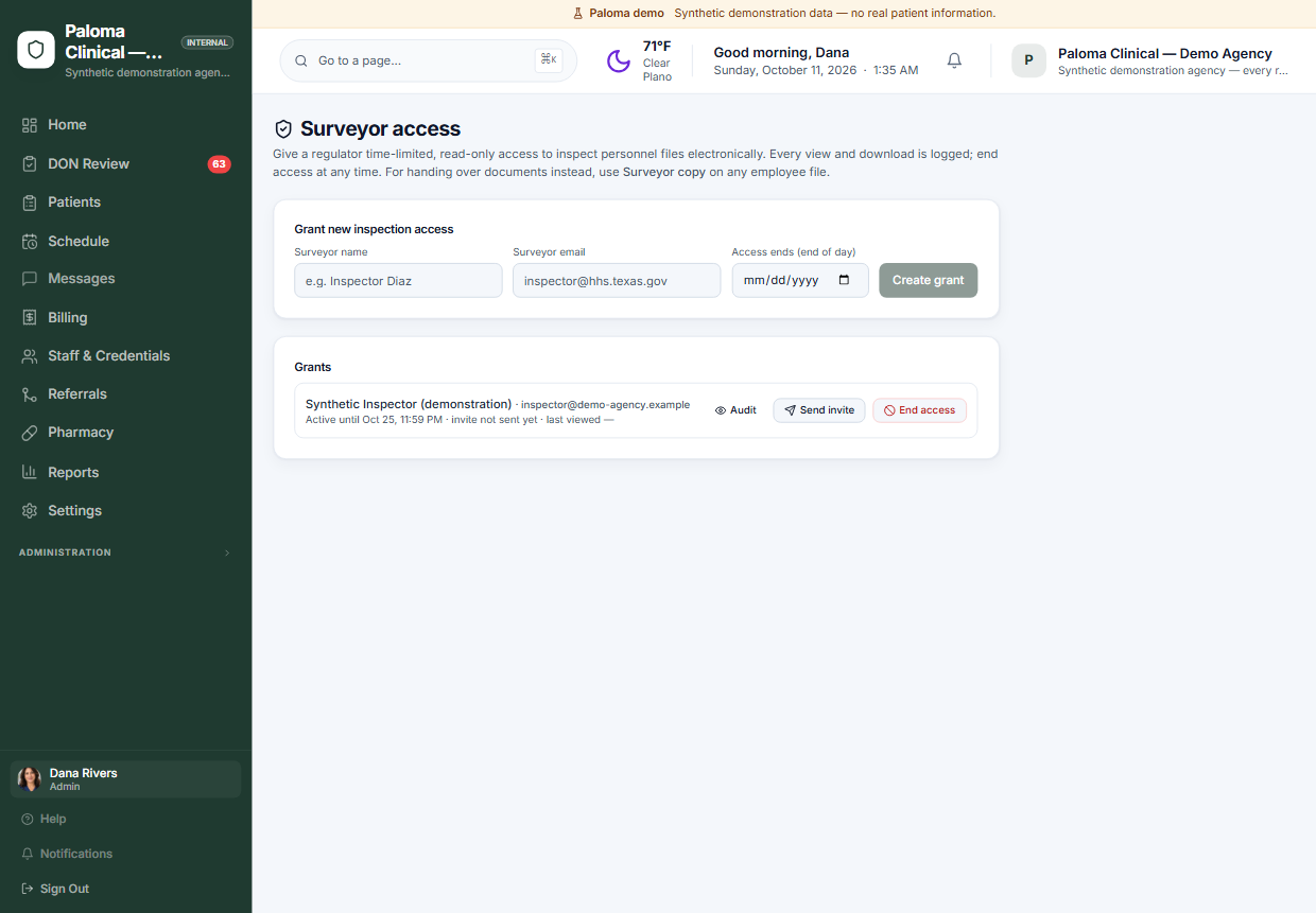 The surveyor access screen in Paloma Cares: a form to grant a regulator time-limited, read-only access, and one grant listed as active until a stated date, with controls to open its audit trail, send the invitation or end access.