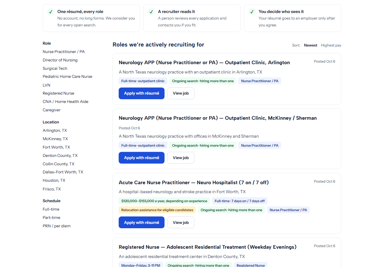 The public Paloma Talent jobs board: a list headed Roles we’re actively recruiting for, each role with its title, city, schedule and discipline and a button to apply with a résumé, beside filters for role, location and schedule. No employer is named.